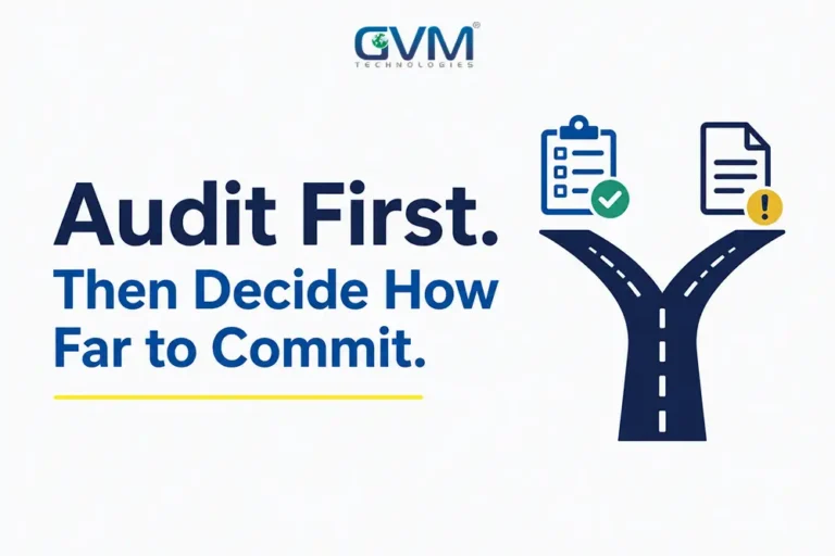 Audit First, Then Decide How Far to Commit, with a fork-in-the-road icon splitting toward a checked audit clipboard and a flagged long-term contract document.
