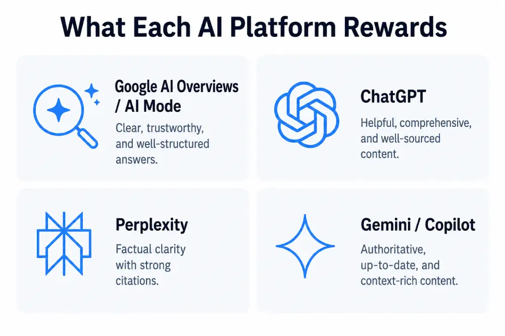 Four-panel graphic showing what Google AI Overviews, ChatGPT, Perplexity, and Gemini each reward for AI search visibility.