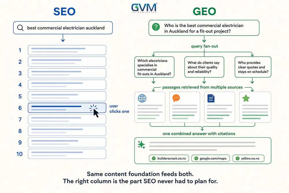 Comparing the SEO path to the GEO path.