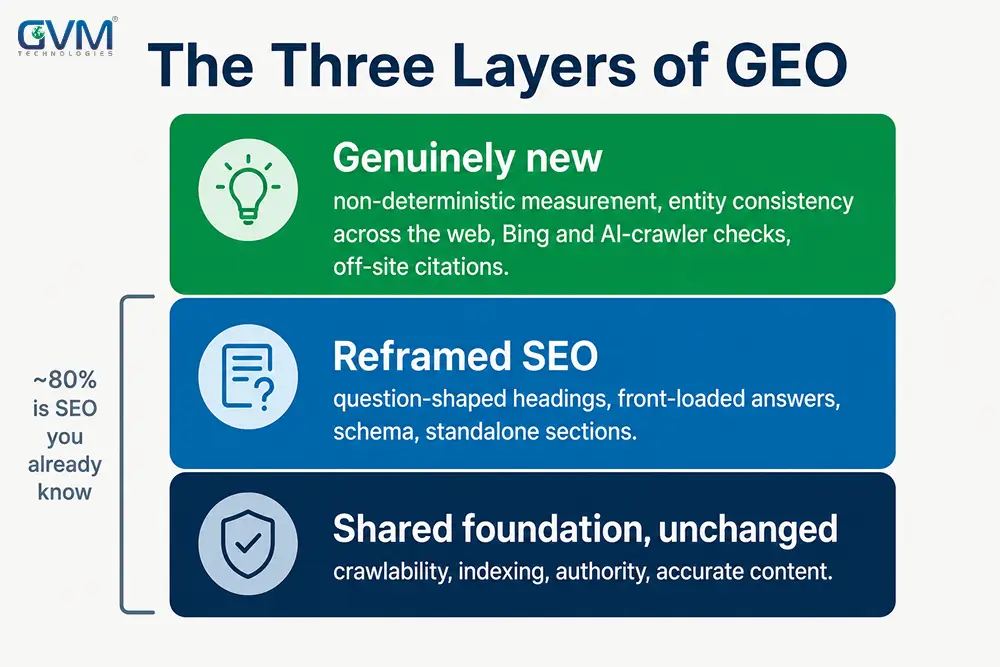 GEO as a shared unchanged SEO foundation, a reframed SEO structure layer, and a small genuinely new layer for AI-specific measurement and crawling.