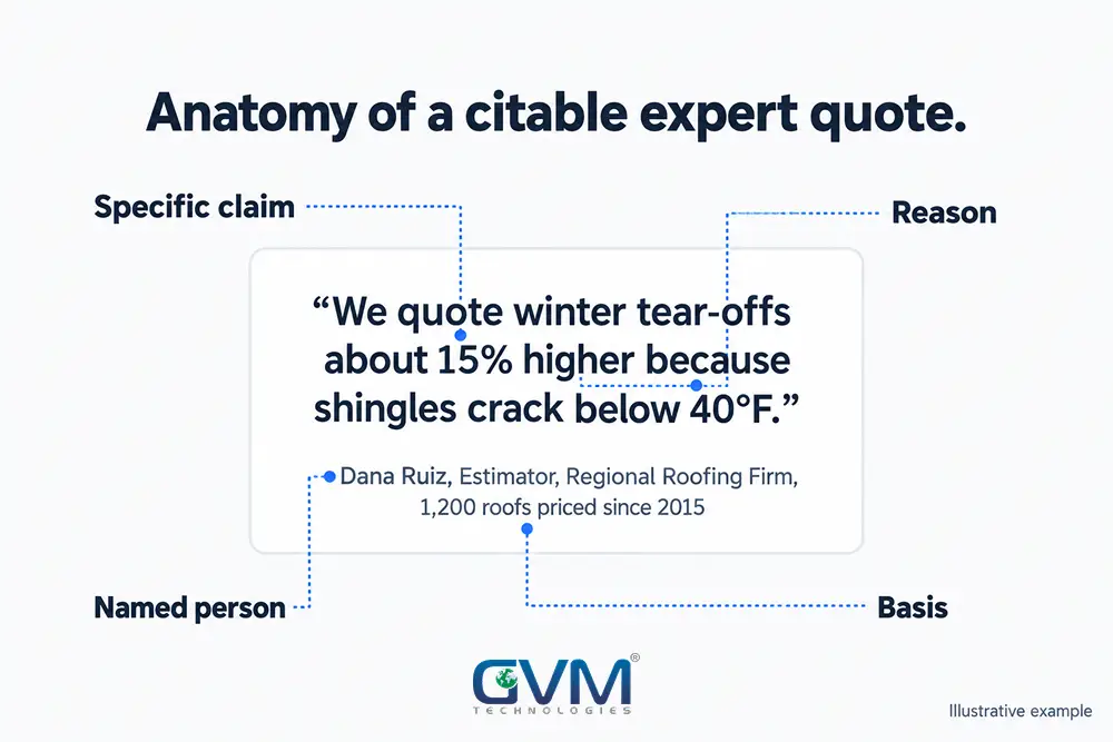Anatomy of a citable expert quote_ specific claim, reason, named person, and basis.