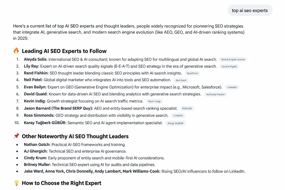 ChatGPT list of named AI SEO experts, each followed by source links.